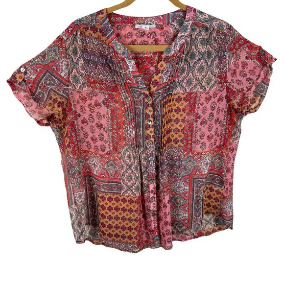 Westport Tops - Westport Colorful Lightweight Sheer Cuffed Short Sleeve Button Up Blouse Size XL